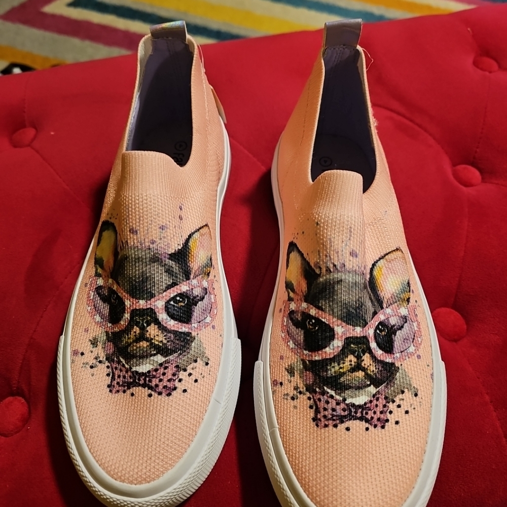NWT Falls Creek Girls Sz 4 French Bulldog Pug Dog Sunglasses Slip-On Sneakers